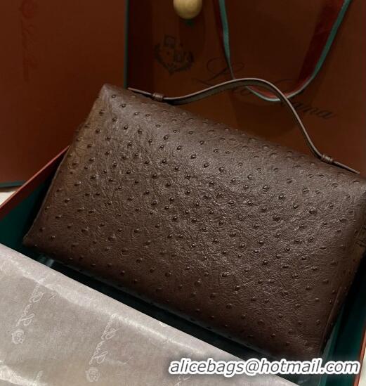 Low Price Loro Piana Extra Pocket Pouch L27 in Ostrich Pattern Leather LP5446 Dark Brown/Silver 2023