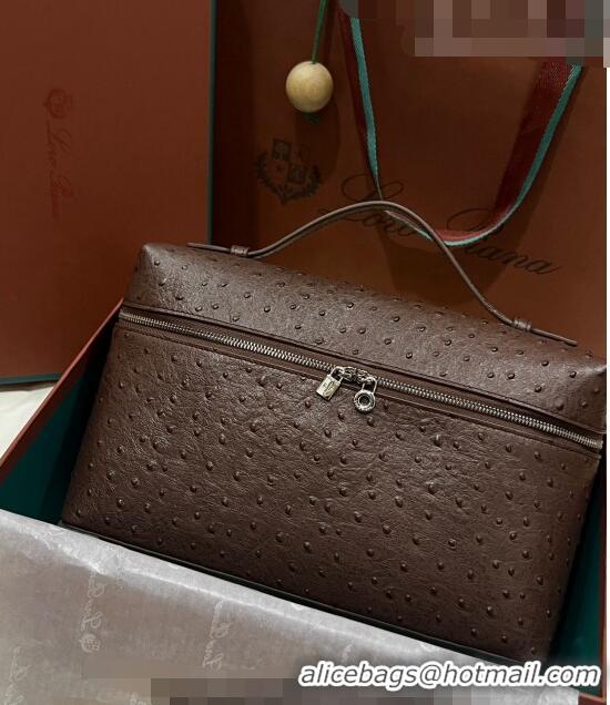 Low Price Loro Piana Extra Pocket Pouch L27 in Ostrich Pattern Leather LP5446 Dark Brown/Silver 2023