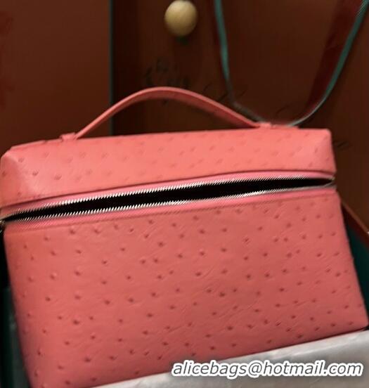 Good Quality Loro Piana Extra Pocket Pouch L27 in Ostrich Pattern Leather LP5446 Pink 2 2023