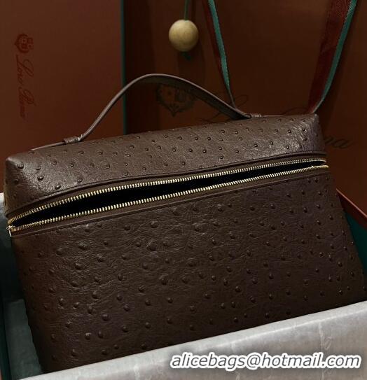 Good Looking Loro Piana Extra Pocket Pouch L27 in Ostrich Pattern Leather LP5446 Dark Brown/Gold 2023