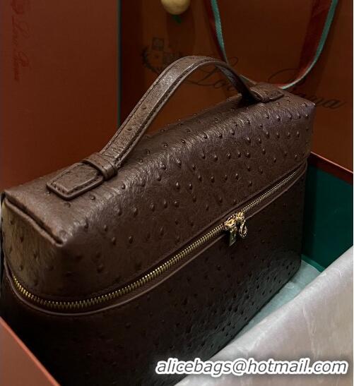 Good Looking Loro Piana Extra Pocket Pouch L27 in Ostrich Pattern Leather LP5446 Dark Brown/Gold 2023