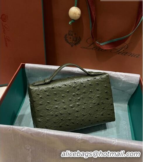 Classic Loro Piana Extra Pocket L19 Pouch in Ostrich Pattern Leather LP5450 Green 2 2023