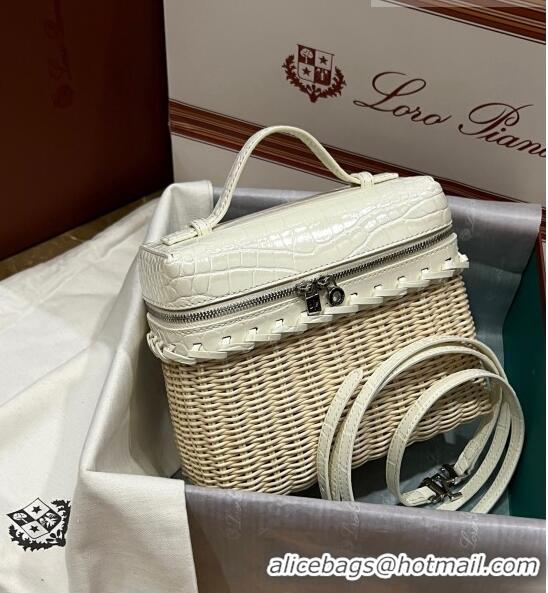 Best Price Loro Piana Extra Pocket Pouch L19 in Wicker and Crocodile Embossed Calfskin LP5457 White 2023