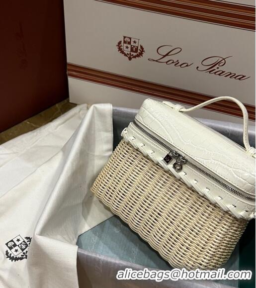 Best Price Loro Piana Extra Pocket Pouch L19 in Wicker and Crocodile Embossed Calfskin LP5457 White 2023