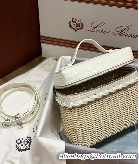 Best Price Loro Piana Extra Pocket Pouch L19 in Wicker and Crocodile Embossed Calfskin LP5457 White 2023