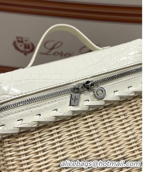 Best Price Loro Piana Extra Pocket Pouch L19 in Wicker and Crocodile Embossed Calfskin LP5457 White 2023