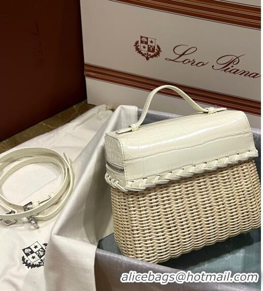 Best Price Loro Piana Extra Pocket Pouch L19 in Wicker and Crocodile Embossed Calfskin LP5457 White 2023