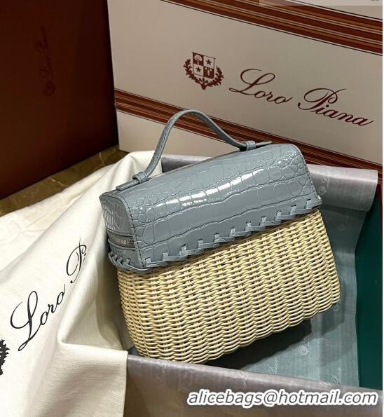 Popular Style Loro Piana Extra Pocket Pouch L19 in Wicker and Crocodile Embossed Calfskin LP5457 Light Grey 2023