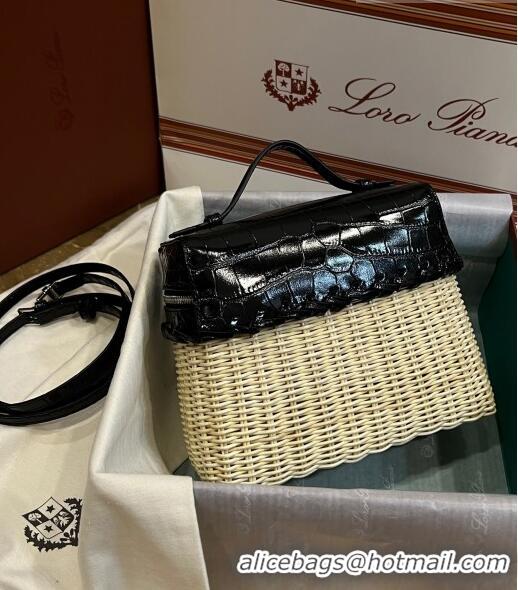 Shop Discount Loro Piana Extra Pocket Pouch L19 in Wicker and Crocodile Embossed Calfskin LP5457 Black 2023