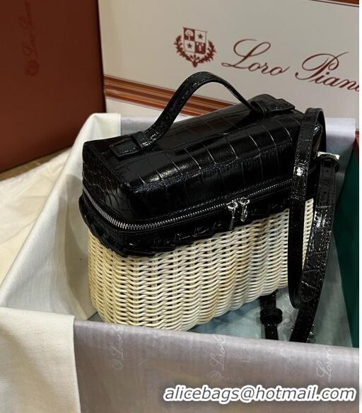 Shop Discount Loro Piana Extra Pocket Pouch L19 in Wicker and Crocodile Embossed Calfskin LP5457 Black 2023