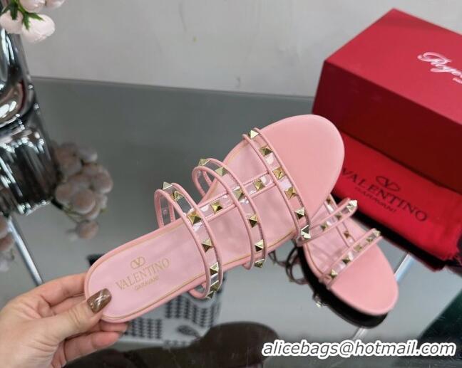 Pretty Style Valentino Rockstud Flat Slide Sandals in Leather and Clear PVC Light Pink 725043