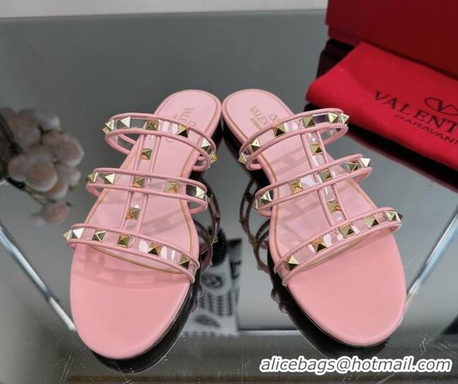 Pretty Style Valentino Rockstud Flat Slide Sandals in Leather and Clear PVC Light Pink 725043