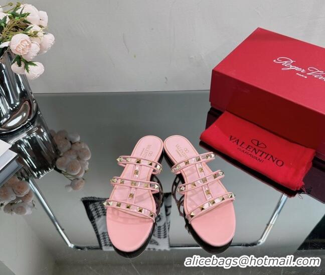 Pretty Style Valentino Rockstud Flat Slide Sandals in Leather and Clear PVC Light Pink 725043