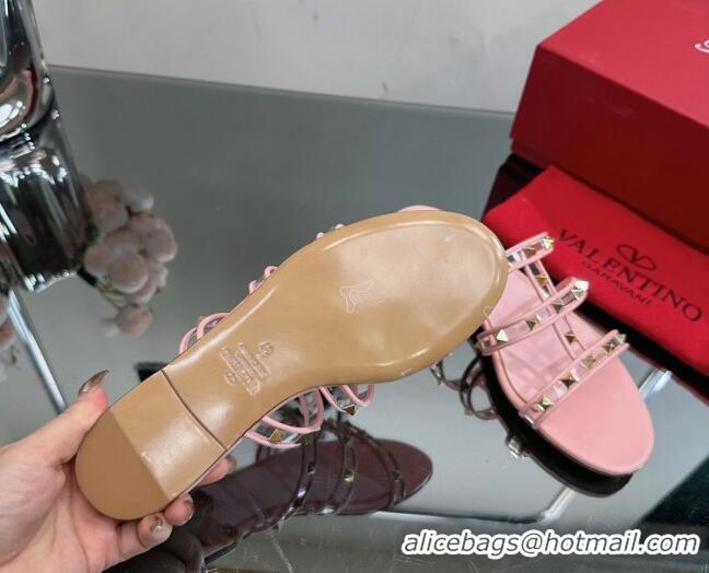 Pretty Style Valentino Rockstud Flat Slide Sandals in Leather and Clear PVC Light Pink 725043