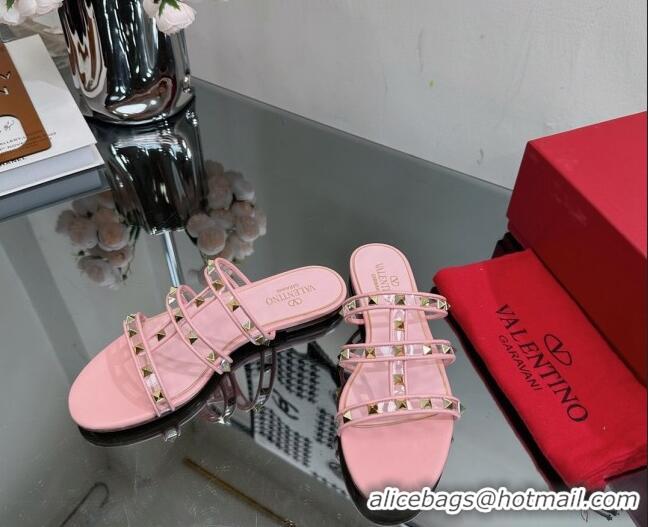 Pretty Style Valentino Rockstud Flat Slide Sandals in Leather and Clear PVC Light Pink 725043