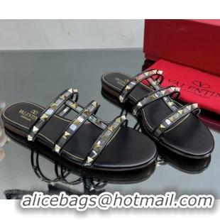 Best Product Valentino Rockstud Flat Slide Sandals in Leather and Clear PVC Black 0725044