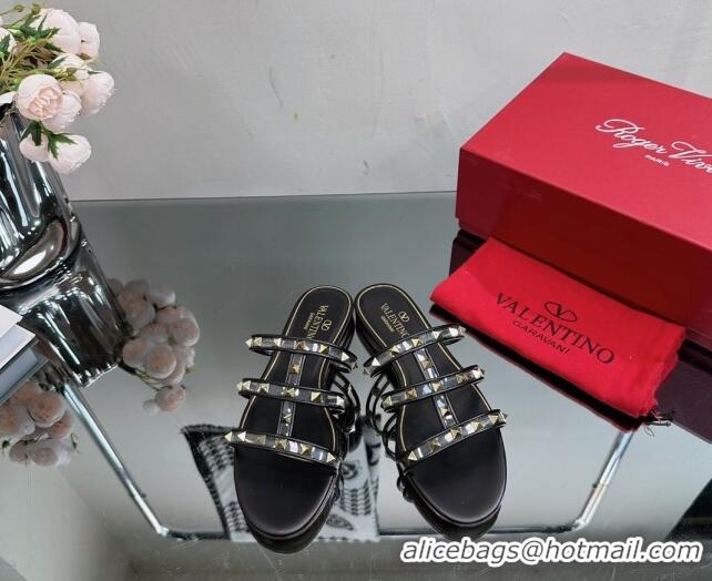 Best Product Valentino Rockstud Flat Slide Sandals in Leather and Clear PVC Black 0725044