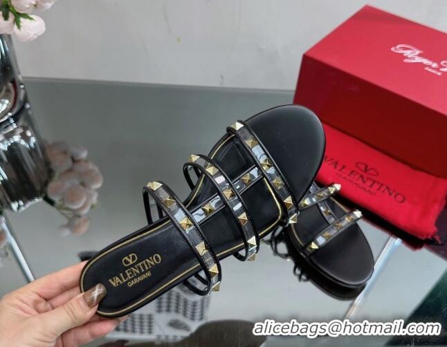 Best Product Valentino Rockstud Flat Slide Sandals in Leather and Clear PVC Black 0725044