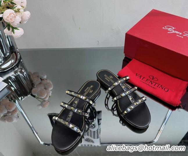 Best Product Valentino Rockstud Flat Slide Sandals in Leather and Clear PVC Black 0725044