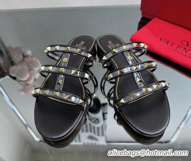 Best Product Valentino Rockstud Flat Slide Sandals in Leather and Clear PVC Black 0725044