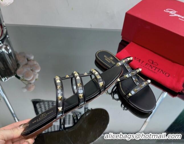 Best Product Valentino Rockstud Flat Slide Sandals in Leather and Clear PVC Black 0725044