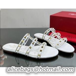 Grade Quality Valentino Rockstud Flat Slide Sandals in Leather and Clear PVC White 0725045