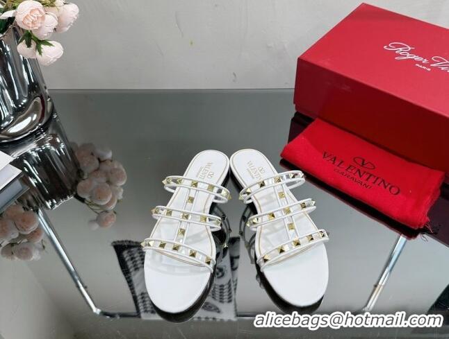 Grade Quality Valentino Rockstud Flat Slide Sandals in Leather and Clear PVC White 0725045