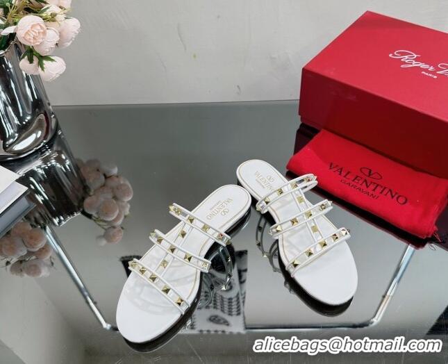 Grade Quality Valentino Rockstud Flat Slide Sandals in Leather and Clear PVC White 0725045