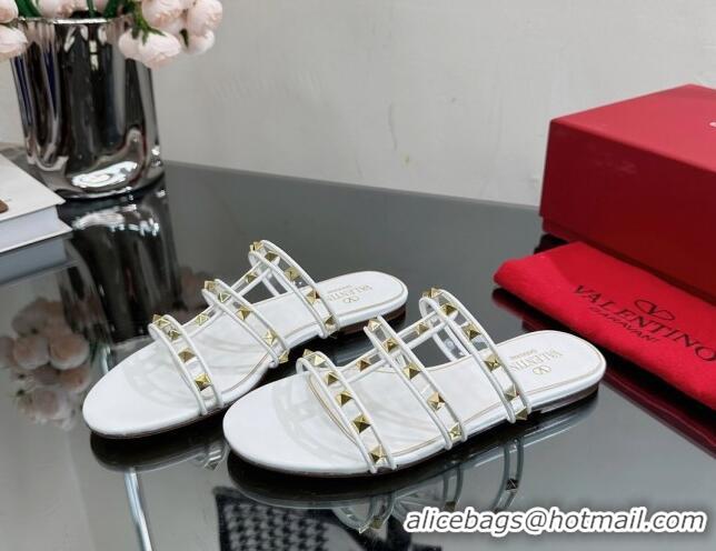 Grade Quality Valentino Rockstud Flat Slide Sandals in Leather and Clear PVC White 0725045