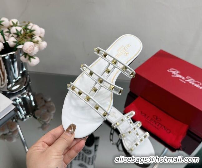 Grade Quality Valentino Rockstud Flat Slide Sandals in Leather and Clear PVC White 0725045