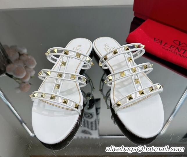 Grade Quality Valentino Rockstud Flat Slide Sandals in Leather and Clear PVC White 0725045