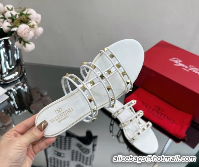 Grade Quality Valentino Rockstud Flat Slide Sandals in Leather and Clear PVC White 0725045