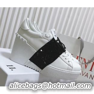 Low Price Valentino Open Disco Wegde Sneakers in Calfskin with Black Studs Band White 0725046