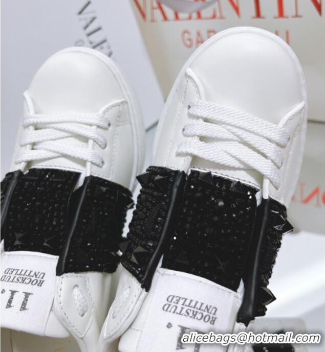 Low Price Valentino Open Disco Wegde Sneakers in Calfskin with Black Studs Band White 0725046