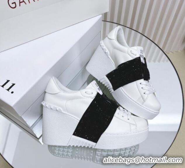 Low Price Valentino Open Disco Wegde Sneakers in Calfskin with Black Studs Band White 0725046