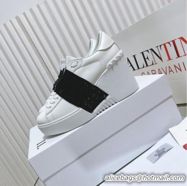 Low Price Valentino Open Disco Wegde Sneakers in Calfskin with Black Studs Band White 0725046