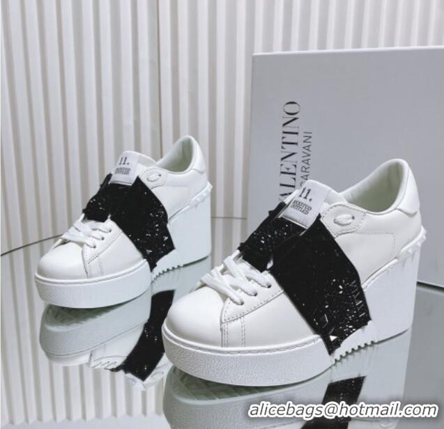 Low Price Valentino Open Disco Wegde Sneakers in Calfskin with Black Studs Band White 0725046