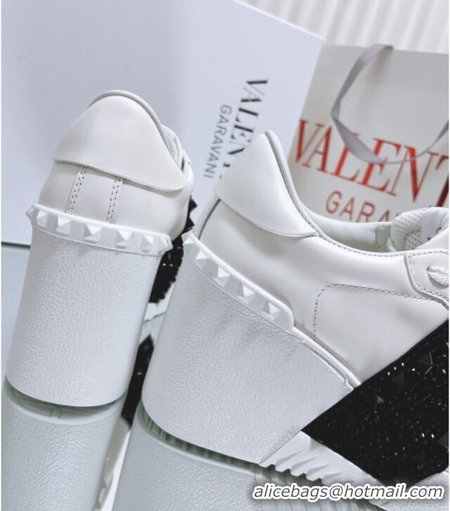 Low Price Valentino Open Disco Wegde Sneakers in Calfskin with Black Studs Band White 0725046