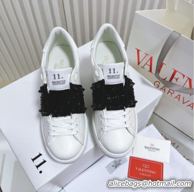 Low Price Valentino Open Disco Wegde Sneakers in Calfskin with Black Studs Band White 0725046