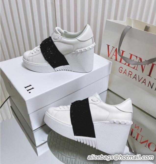 Low Price Valentino Open Disco Wegde Sneakers in Calfskin with Black Studs Band White 0725046