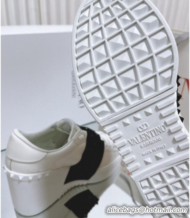 Low Price Valentino Open Disco Wegde Sneakers in Calfskin with Black Studs Band White 0725046