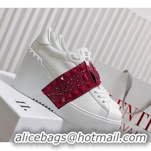 Best Grade Valentino Open Disco Wegde Sneakers in Calfskin with Crystal Studs Band White/Pink 0725047