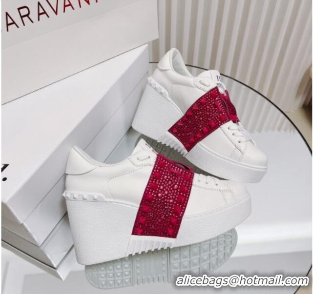 Best Grade Valentino Open Disco Wegde Sneakers in Calfskin with Crystal Studs Band White/Pink 0725047