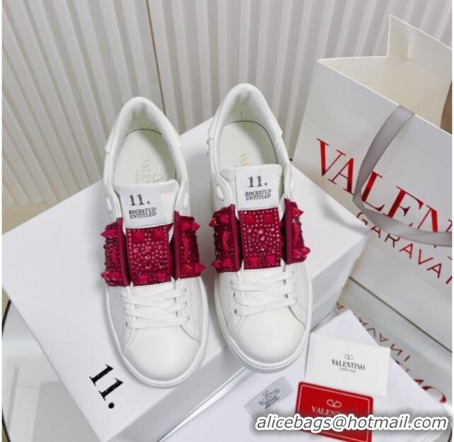 Best Grade Valentino Open Disco Wegde Sneakers in Calfskin with Crystal Studs Band White/Pink 0725047