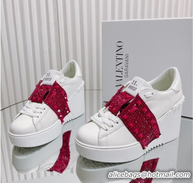 Best Grade Valentino Open Disco Wegde Sneakers in Calfskin with Crystal Studs Band White/Pink 0725047