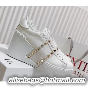 Good Looking Valentino Open Disco Wegde Sneakers in Calfskin with Studs Canvas Band White 0725048