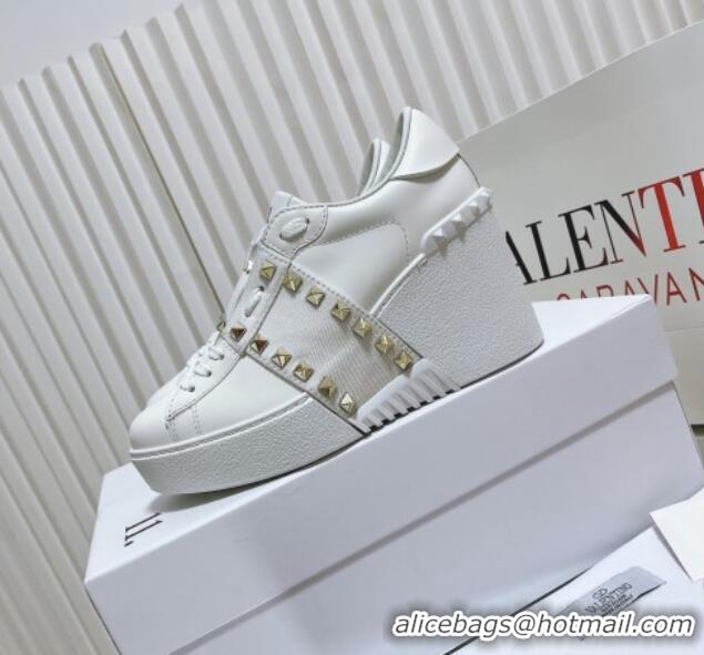 Good Looking Valentino Open Disco Wegde Sneakers in Calfskin with Studs Canvas Band White 0725048