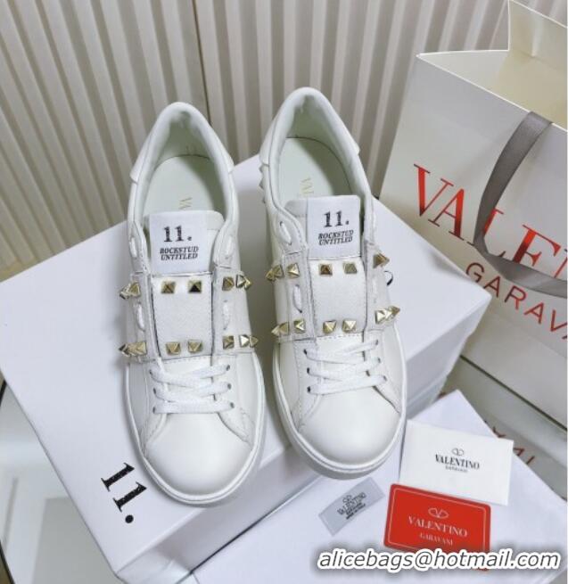 Good Looking Valentino Open Disco Wegde Sneakers in Calfskin with Studs Canvas Band White 0725048