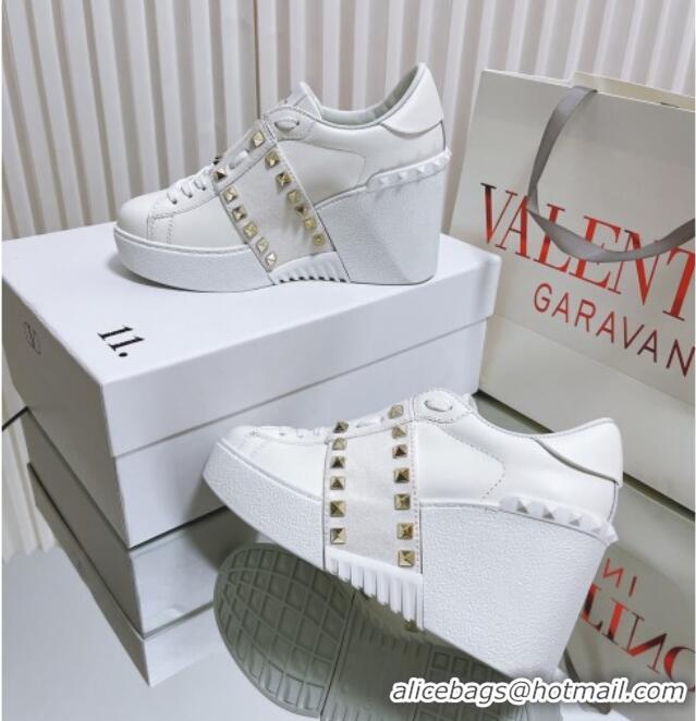 Good Looking Valentino Open Disco Wegde Sneakers in Calfskin with Studs Canvas Band White 0725048