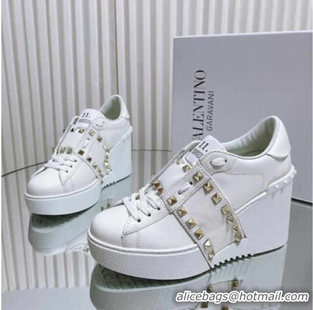 Good Looking Valentino Open Disco Wegde Sneakers in Calfskin with Studs Canvas Band White 0725048